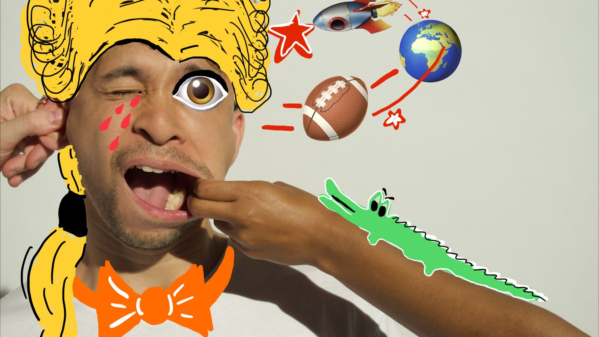 Een man met een verrassende gezichtsuitdrukking, omringd door verschillende speelse en kleurrijke illustraties.
