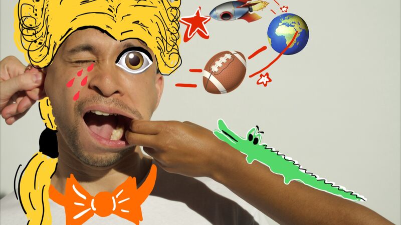Een man met een verrassende gezichtsuitdrukking, omringd door verschillende speelse en kleurrijke illustraties.