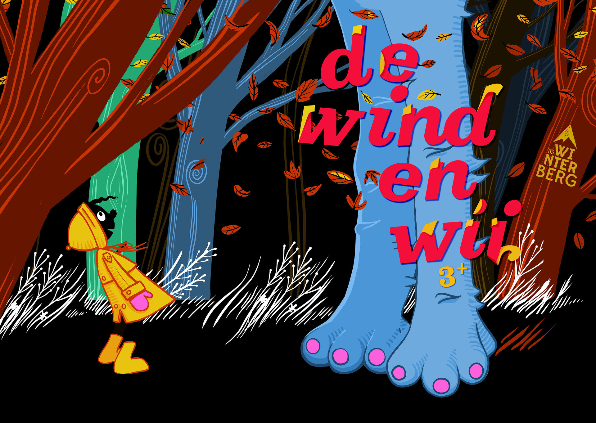 Illustratie van een kind in een gele regenjas dat omhoog kijkt naar een grote, blauwe figuur tussen bomen, met vallende bladeren.