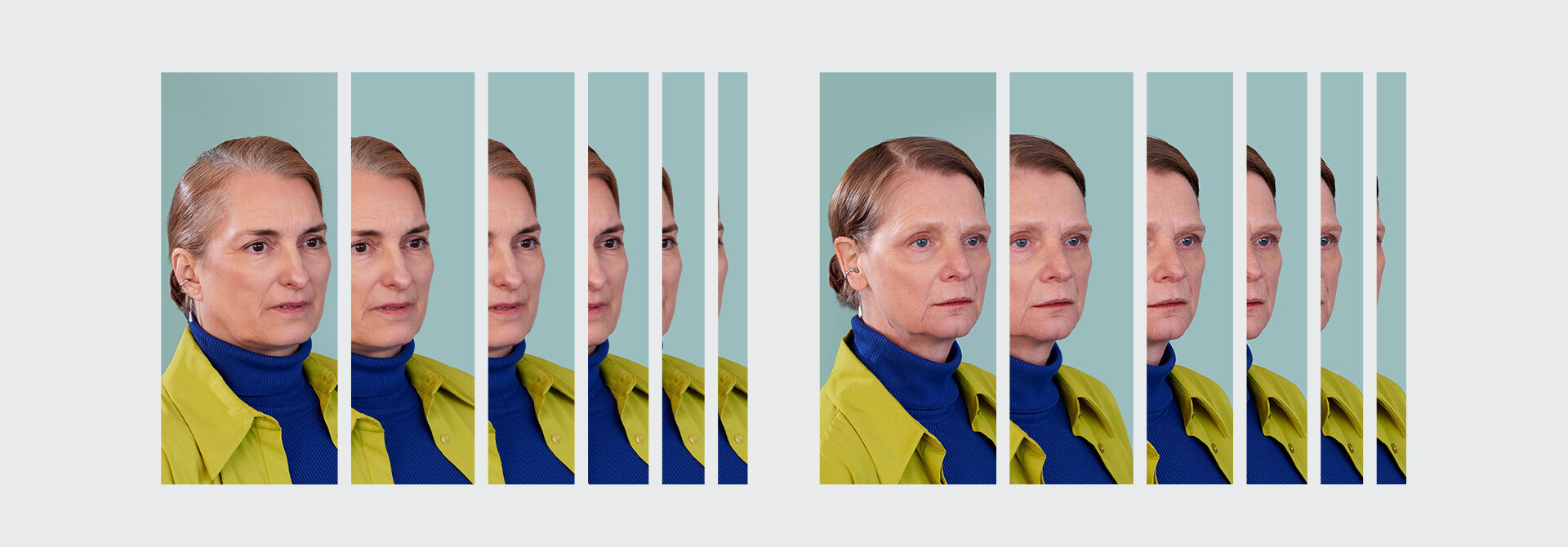 Portfolio-achtige afbeelding met herhaalde portretfoto's van een vrouw in een gele jas tegen een groene achtergrond.