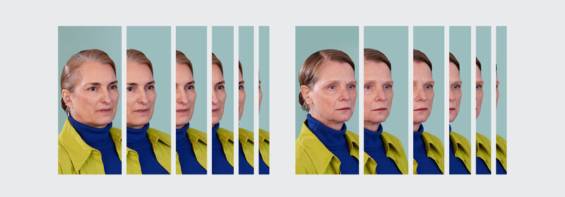 Portfolio-achtige afbeelding met herhaalde portretfoto's van een vrouw in een gele jas tegen een groene achtergrond.