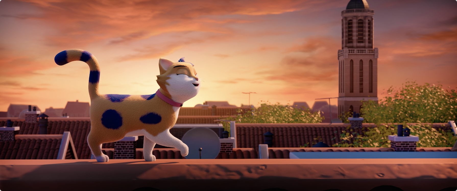 Een vrolijke kat met een gekleurde vacht wandelt op een dak tijdens een kleurrijke zonsondergang.