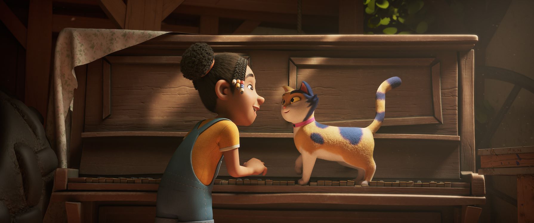 Een meisje praat enthousiast met een kleurrijke cartoonkat in een warme, sfeervolle omgeving.