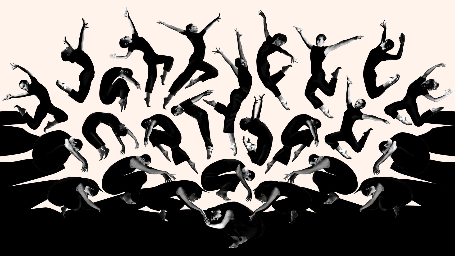 Abstracte afbeelding van silhouetten van dansers in verschillende poses, op een lichte achtergrond.