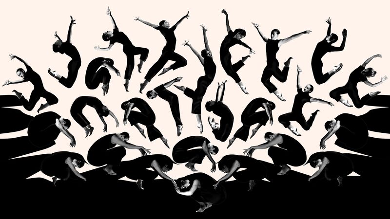 Abstracte afbeelding van silhouetten van dansers in verschillende poses, op een lichte achtergrond.